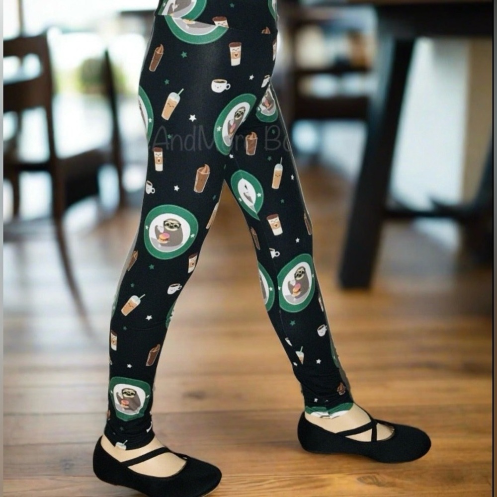 Small NEW Girls Sloth Coffee Donut Leggings, Soft Yoga Pants